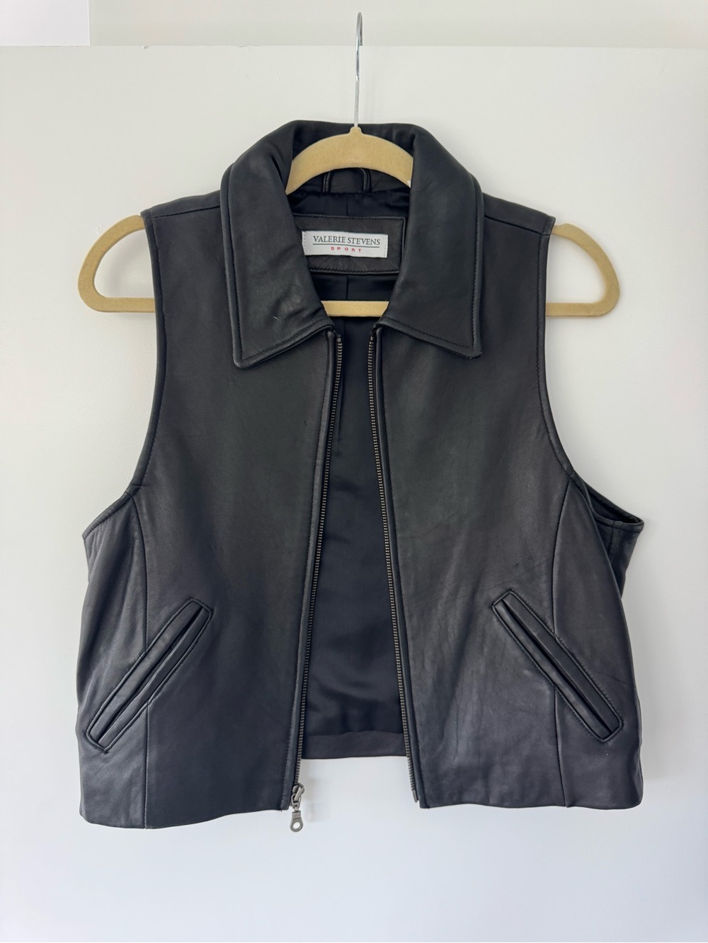 Valerie Stevens Black Leather Zip Vest with Collar